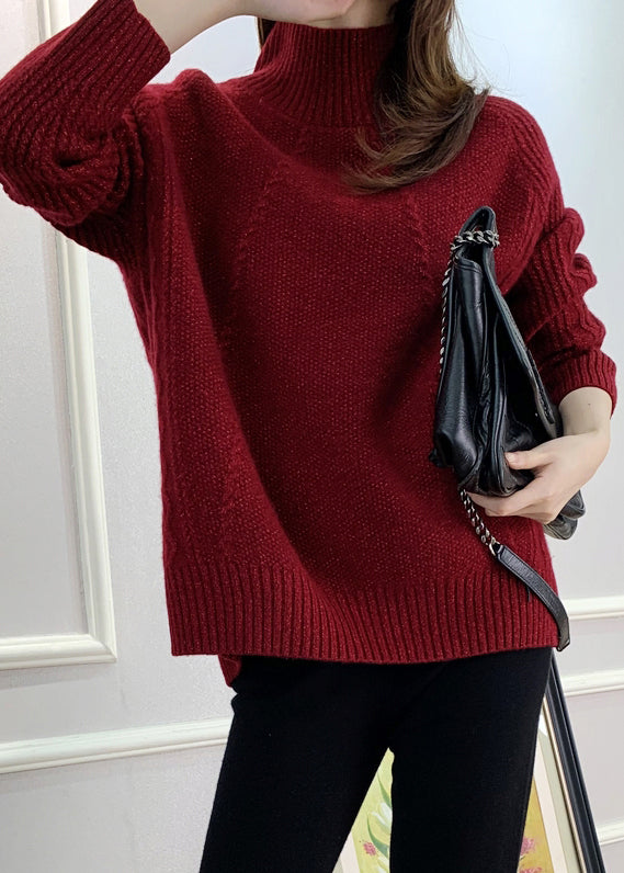 Red Turtleneck Cozy Cotton Knit Sweater Fall