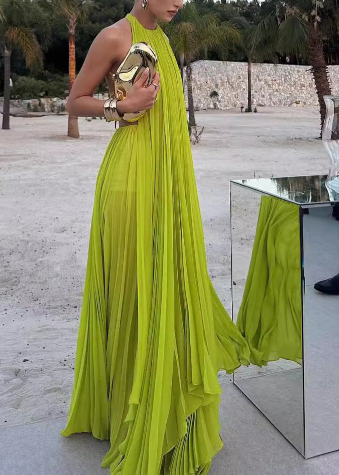 Green Backless Wrinkled Cotton Dress Sleeveless