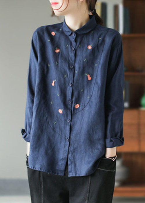 Beige Peter Pan Collar Patchwork Linen Shirt Tops Spring