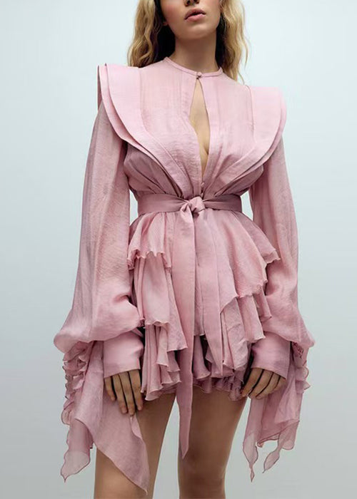 Pink Ruffled Cotton Mini Dress Lantern Sleeve