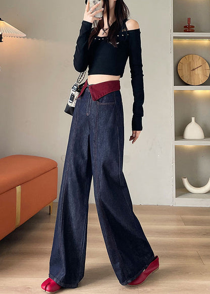 Navy High Waist Patchwork Denim Straight Pants Spring