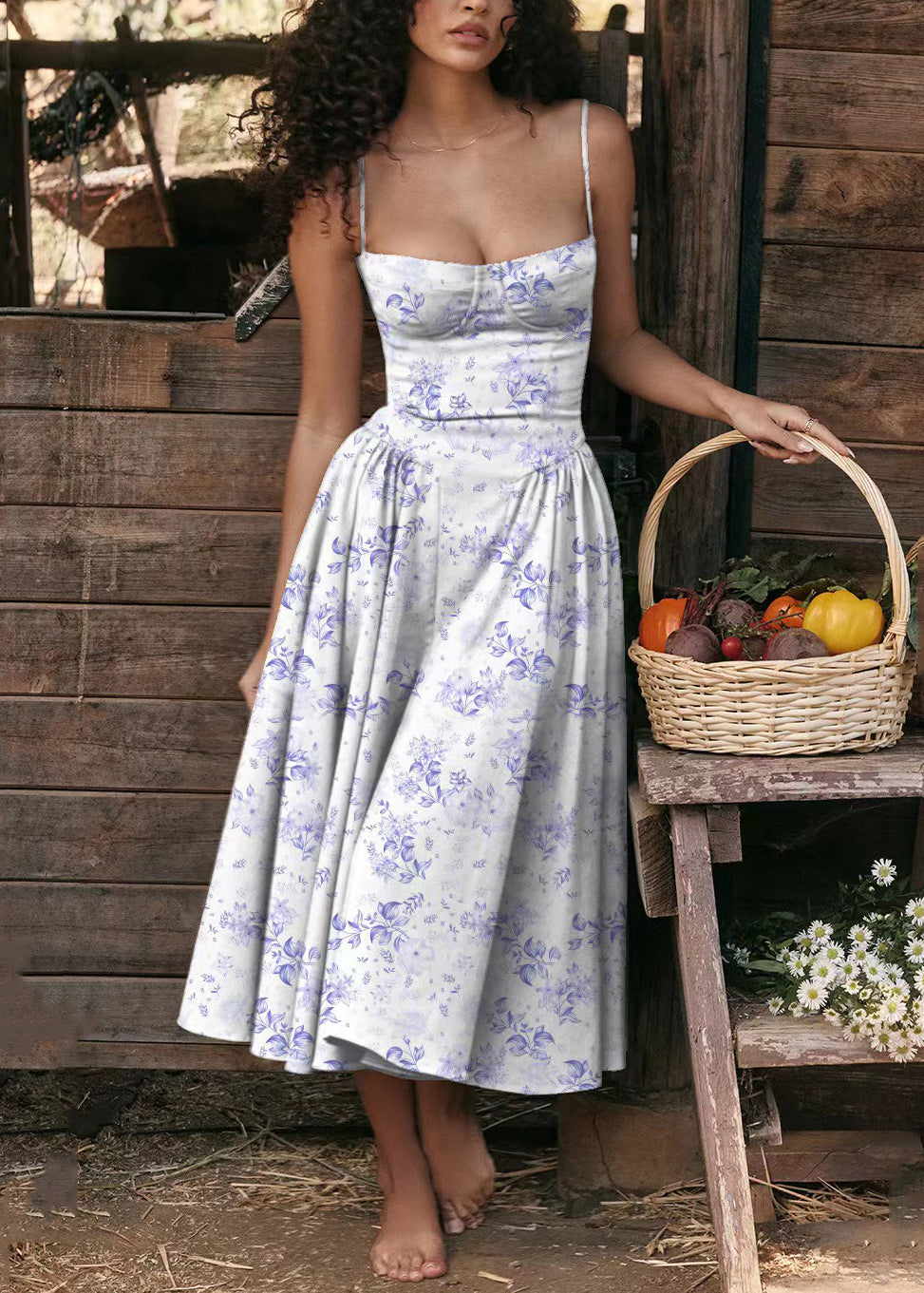 Blue Print Bustier Top Cotton Spaghetti Strap Dress Sleeveless