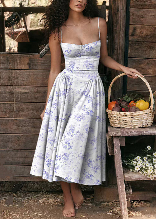 Blue Print Bustier Top Cotton Spaghetti Strap Dress Sleeveless