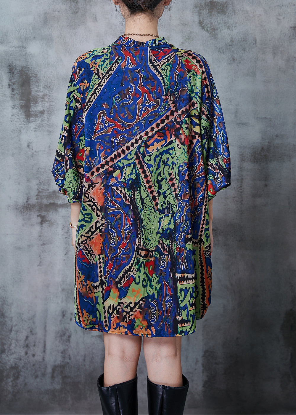 Green Print Draping Silk Tea Dress Spring