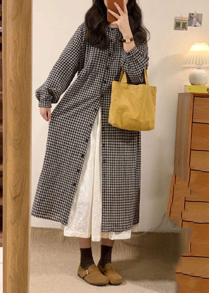 Apricot Plaid O-neck Button Long Shirts Dresses Spring