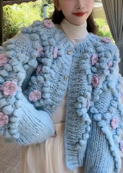 Blue O Neck Button Cozy Knit Coat Winter