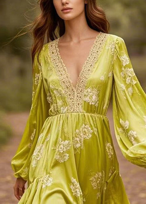 Yellow Green V Neck Print Patchwork Silk Mid Dresses Spring