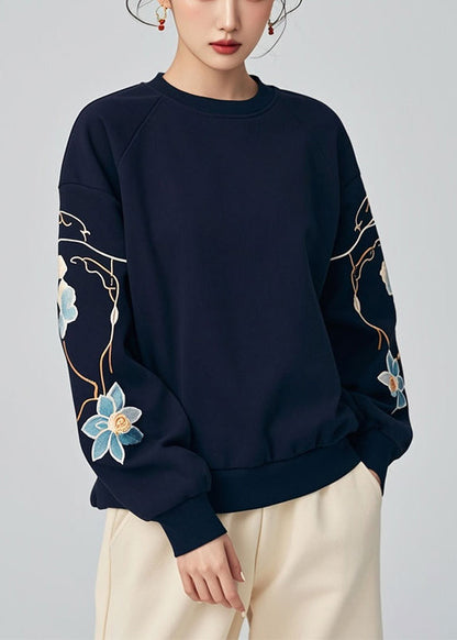 Navy O Neck Print Warm Fleece Sweatshirts Winter
