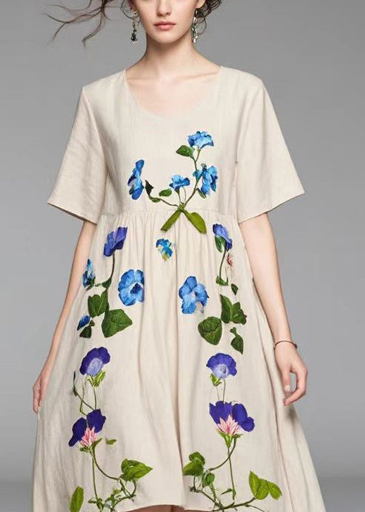 Beige Asymmetrical Print Cotton Vacation Dresses Summer