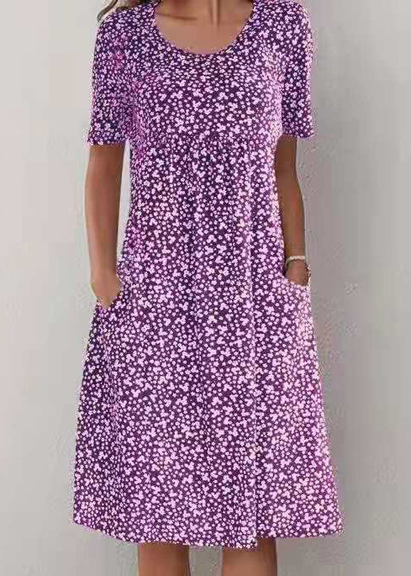 Navy O Neck Print Pockets Cotton Long Dress Summer
