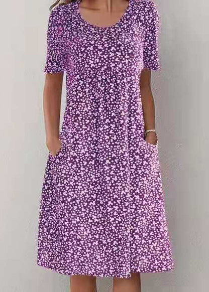 Navy O Neck Print Pockets Cotton Long Dress Summer