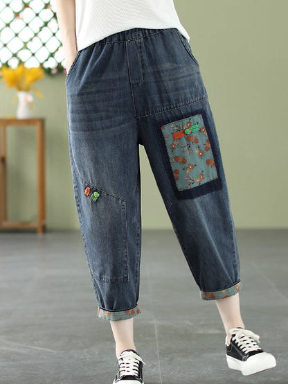 Artistic Retro Applique Denim Pants