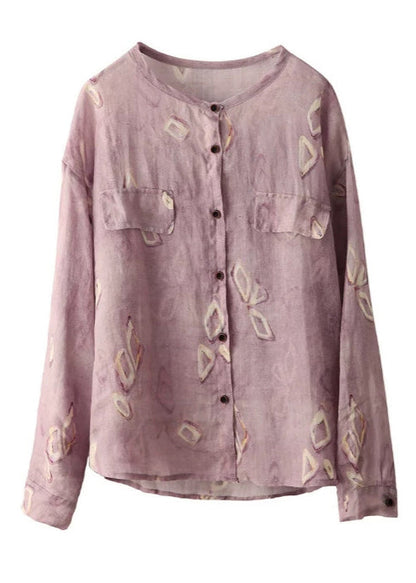 Blue Oversized Print Linen Shirts Spring
