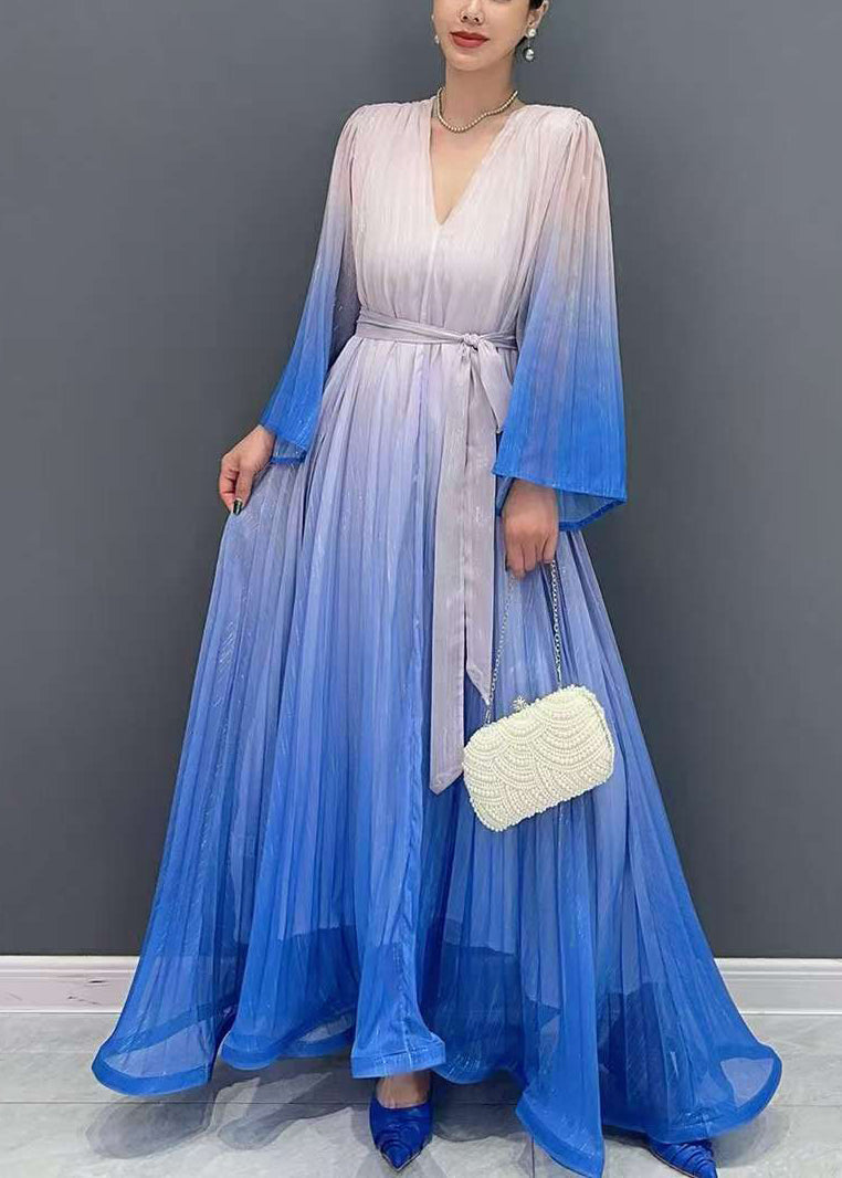 Blue Gradient Color V Neck Wrinkled Long Dress Flare Sleeve