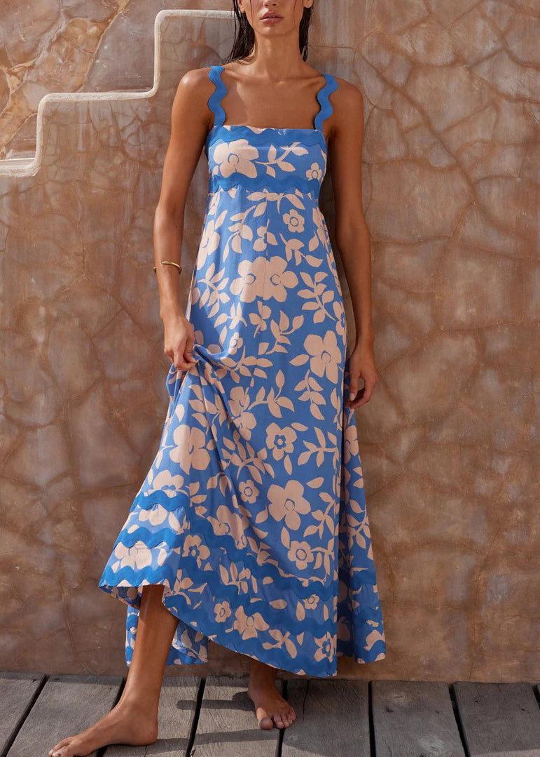 Blue Print Cotton Spaghetti Strap Dresses Summer