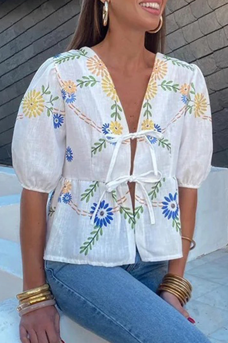 Print Flowers Frenulum V Neck Tops