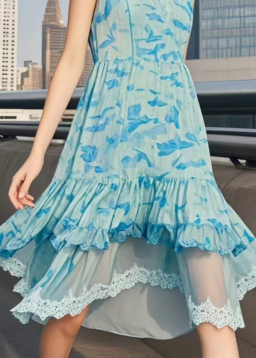 Light Blue Print Patchwork Chiffon Day Dresses Sleeveless