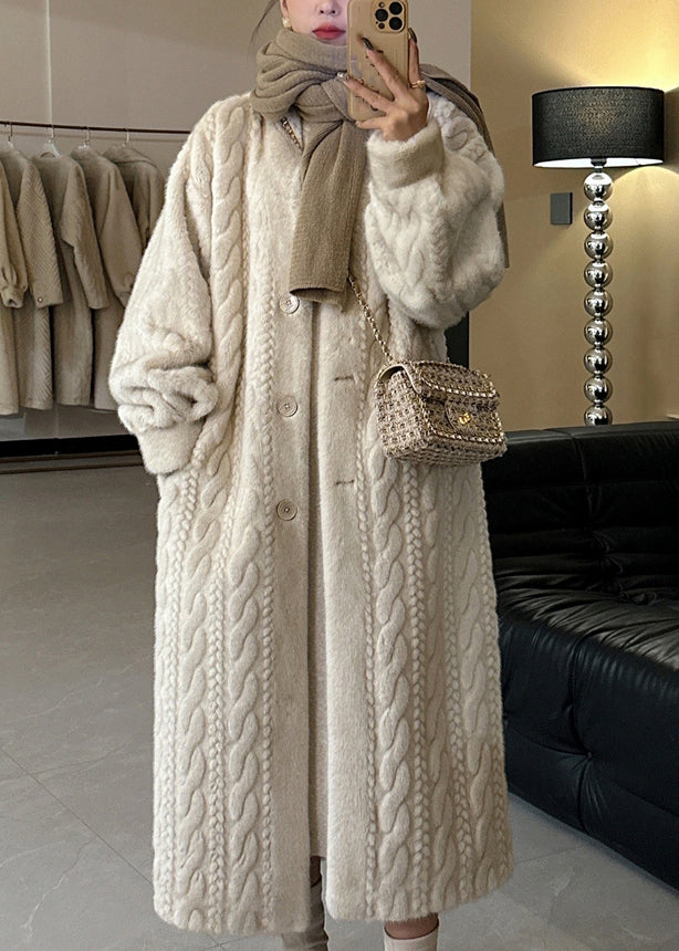 Beige V Neck Button Mink Hair Leather and Fur Long Coats Winter