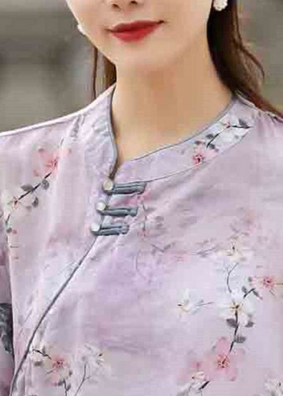 Light Purple Stand Collar Print Button Linen Blouse Top Short Sleeve