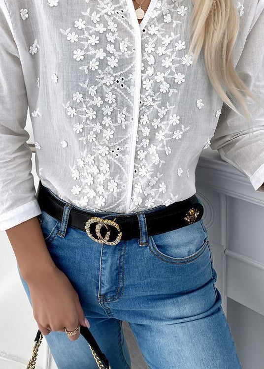 White V Neck Embroidered Cotton Blouse Tops Spring