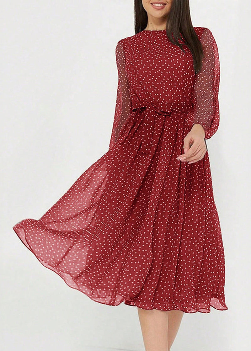 New White O Neck Dot Print Chiffon Dresses Long Sleeve
