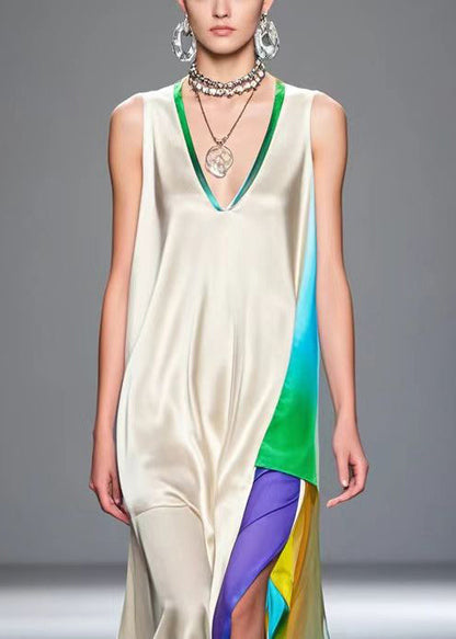 White Asymmetrical Patchwork Silk Vacation Dresses Sleeveless