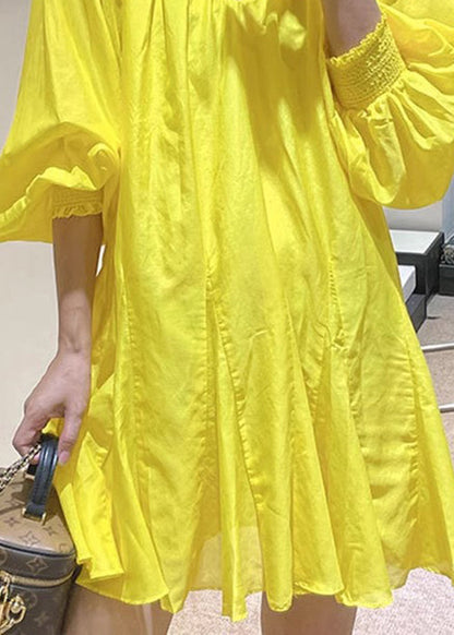 New Yellow V Neck Lace Up Cotton Mini Dress Spring