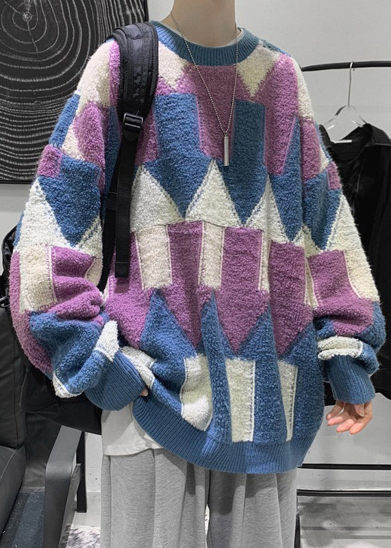 Purple Cozy Patchwork Cotton Knit Winter Sweaters O Neck