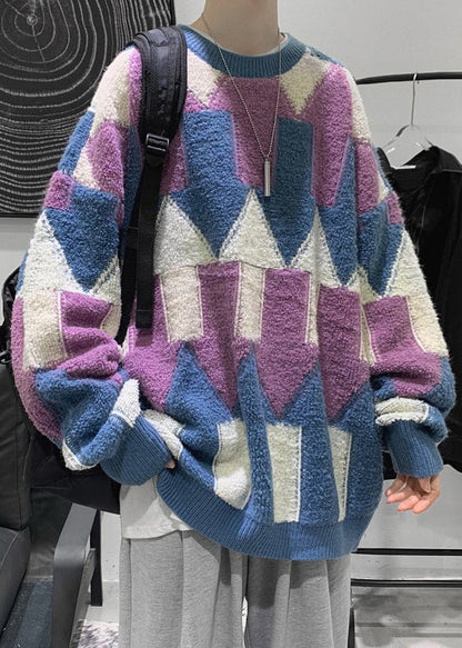 Purple Cozy Patchwork Cotton Knit Winter Sweaters O Neck