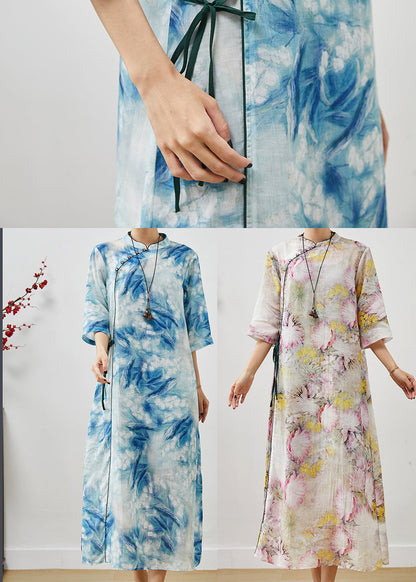 Blue Print Lace Up Linen Cheongsam Dresses Summer