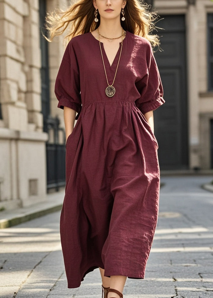 Mulberry V Neck Pockets Cotton Dresses Summer