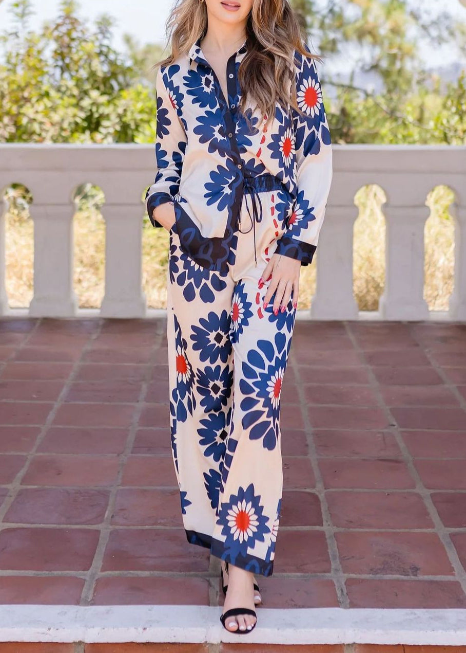 Fine Blue Print Tops and Pants Silk Two Pieces Set Long Sleeve