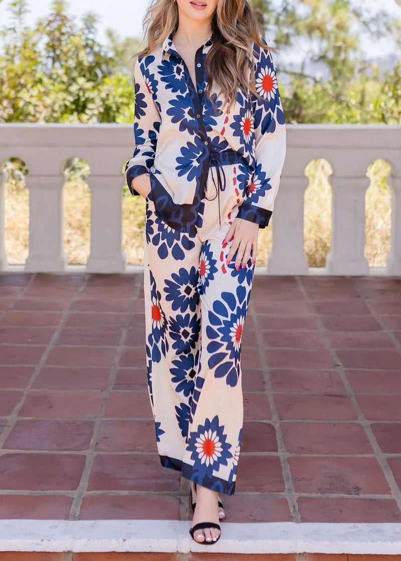 Fine Blue Print Tops and Pants Silk Two Pieces Set Long Sleeve