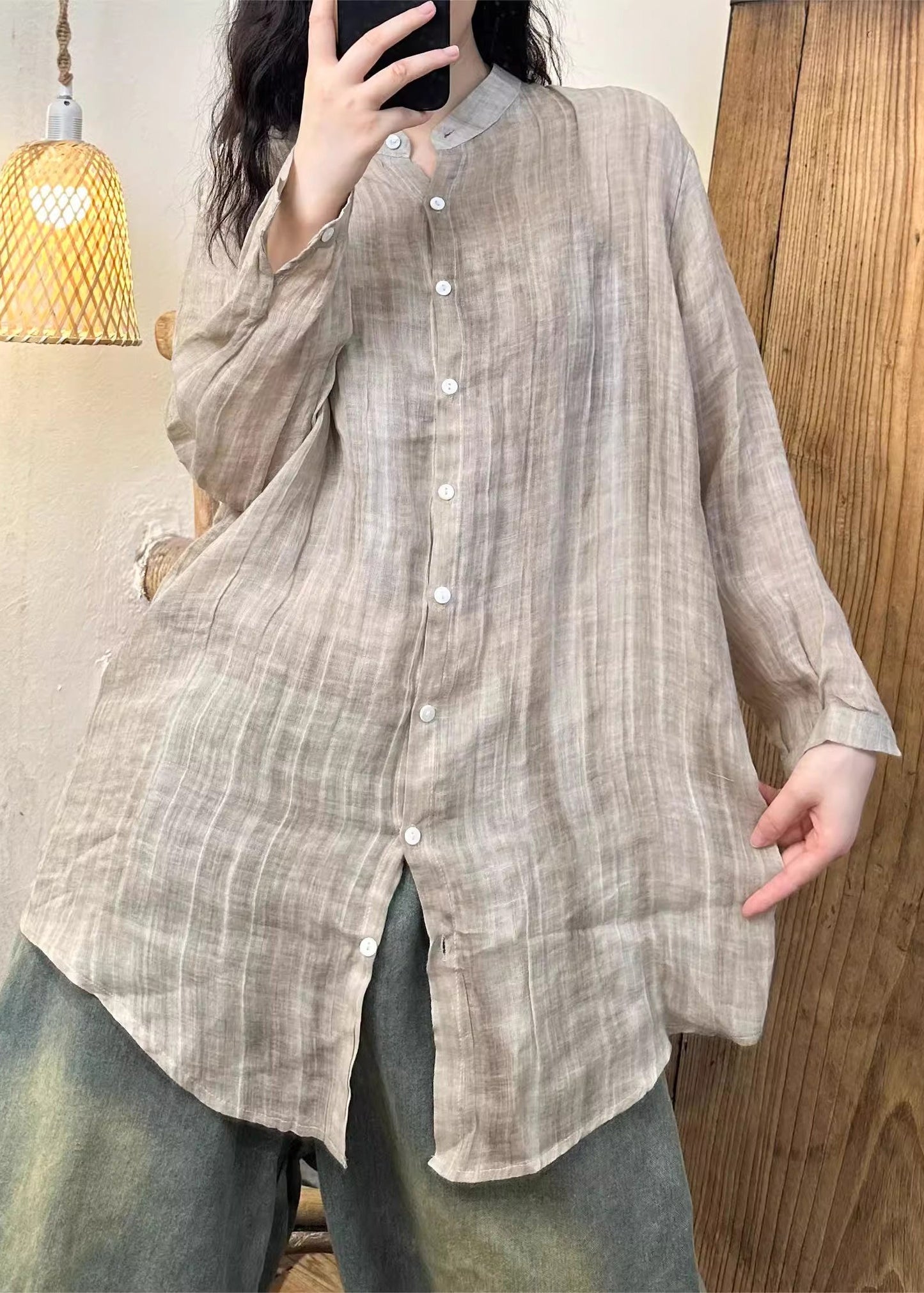 Pink Wrinkled Button Linen Shirt Spring