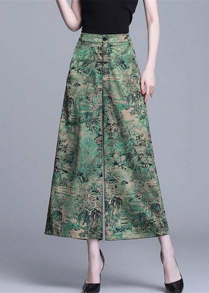 Green High Waist Print Silk Wide Leg Pants Summer