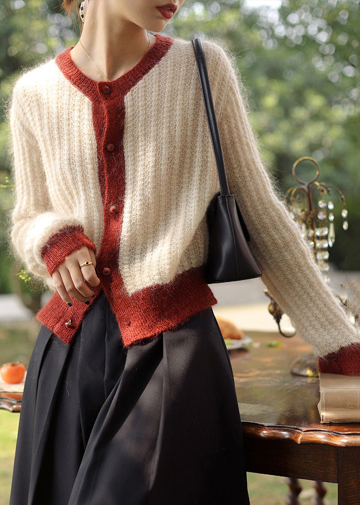 Green Button Patchwork Cozy Knit Top Long Sleeve