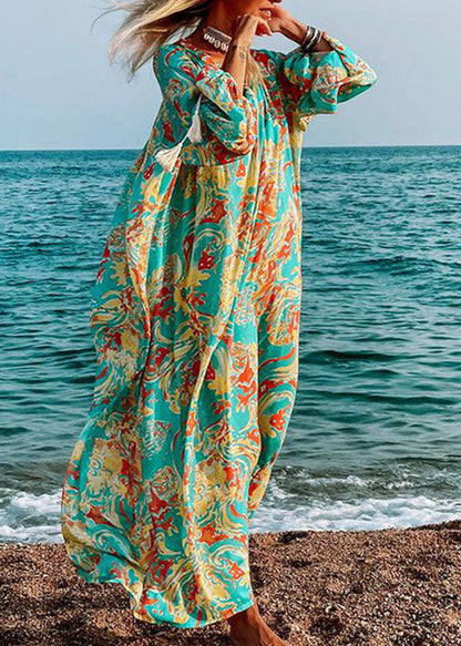 Green Oversized Print Cotton Loose Beach Dresses Long Sleeve