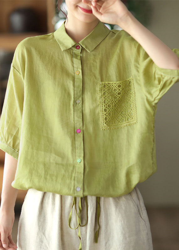 Green Peter Pan Collar Drawstring Button Linen Shirt Top Short Sleeve