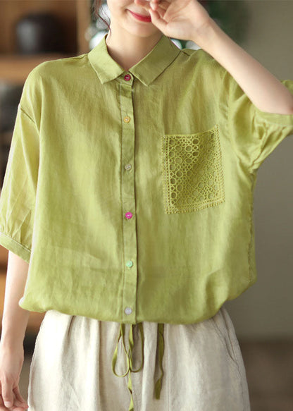 Green Peter Pan Collar Drawstring Button Linen Shirt Top Short Sleeve