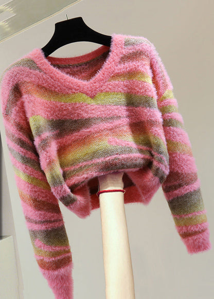 Green V Neck Thick Striped Cotton Knit Sweater Winter