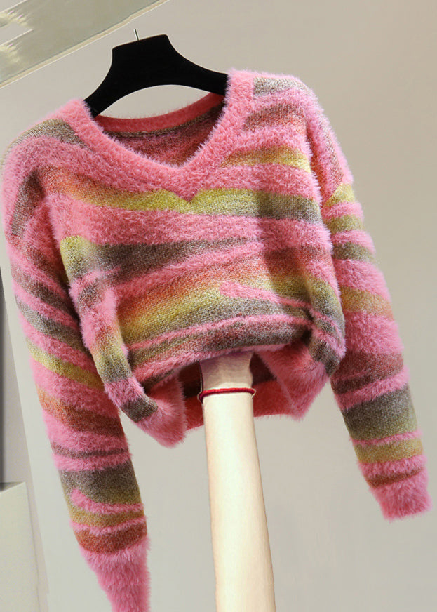 Green V Neck Thick Striped Cotton Knit Sweater Winter