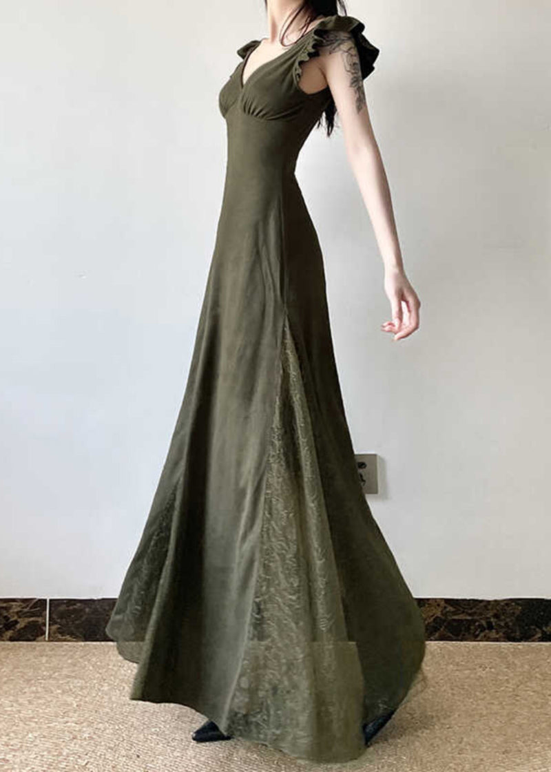Silm Fit Army Green Exra Large Hem Patchwork Lace Long Dresses Summer