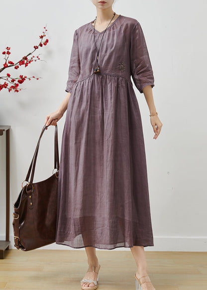 Purple Linen Long Dress Embroidered Bracelet Sleeve