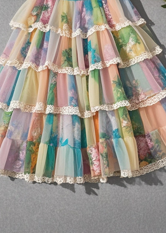 Rainbow Print Layered Chiffon Beach Skirt Summer