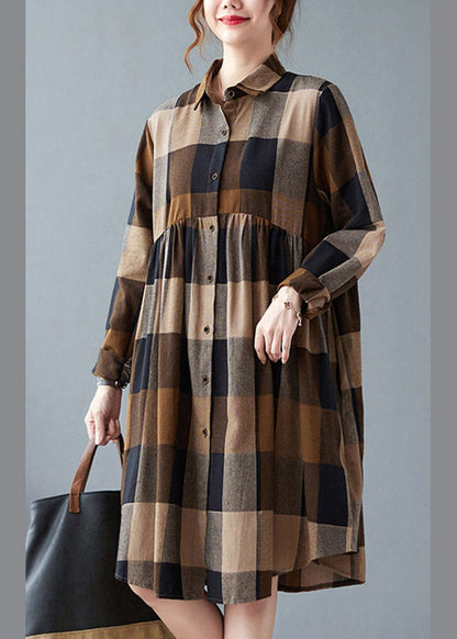 Peter Pan Collar Button Wrinkled Long Plaid Shirts Dress Long Sleeve