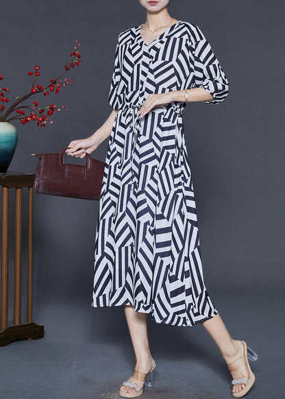Black Cinched Striped Chiffon Dress Summer