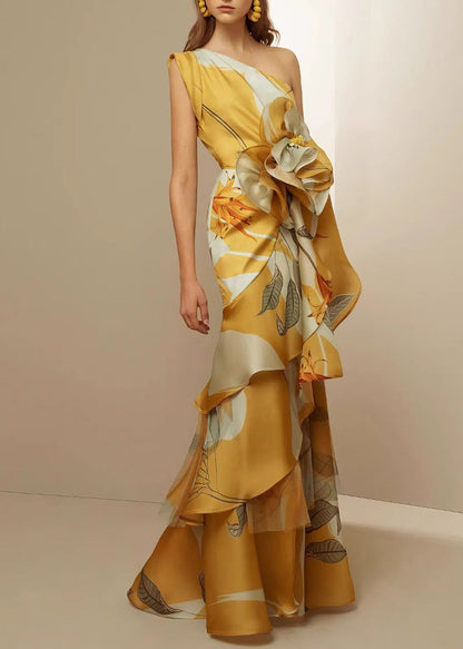 Stylish Yellow Cold Shoulder Asymmetrical Design Print Silk Long Dresses Summer