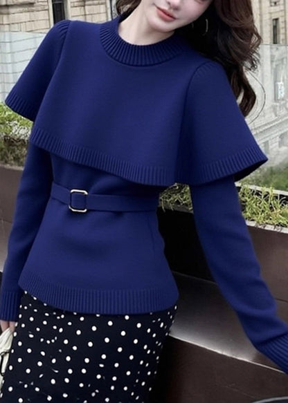 Stylish Navy O-neck Tie Waist Knit Cape Sweater Winter