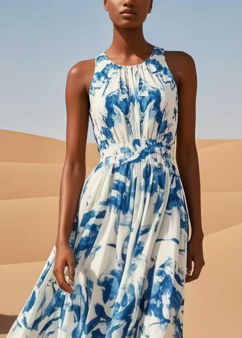 Blue Print Exra Large Hem Cotton Beach Dress Sleeveless