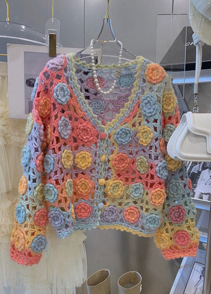Rainbow V Neck Hollow Out Knit Cardigan Fall